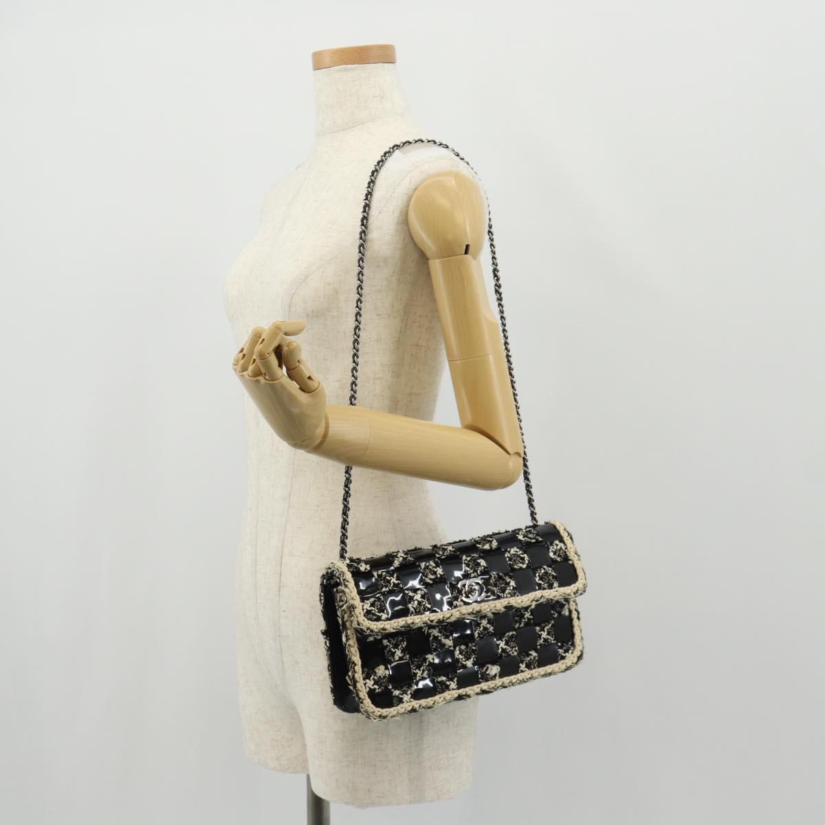 CHANEL Chain Shoulder Bag Tweed Black Silver CC Auth 154048V