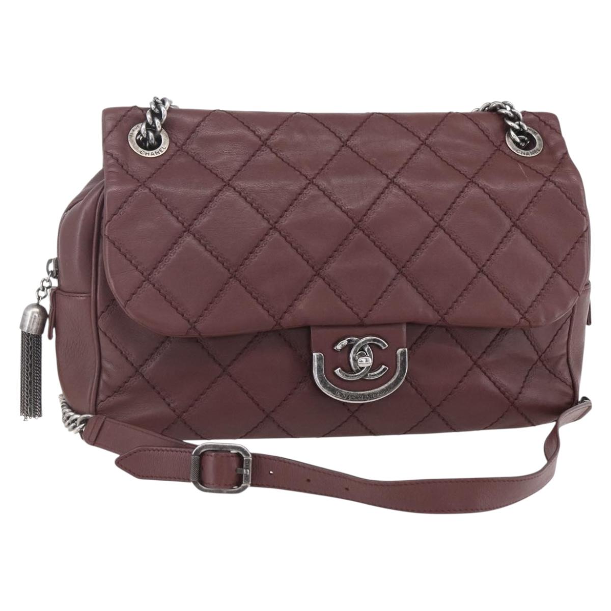 CHANEL Wild Stitch Chain Shoulder Bag Calf Skin Brown CC Auth 154049SAM