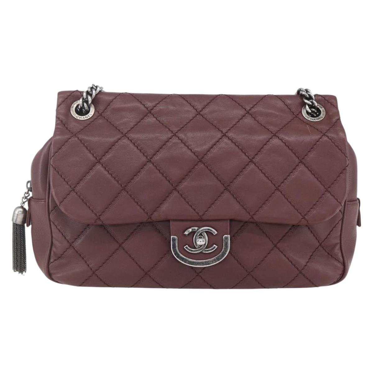 CHANEL Wild Stitch Chain Shoulder Bag Calf Skin Brown CC Auth 154049SAM