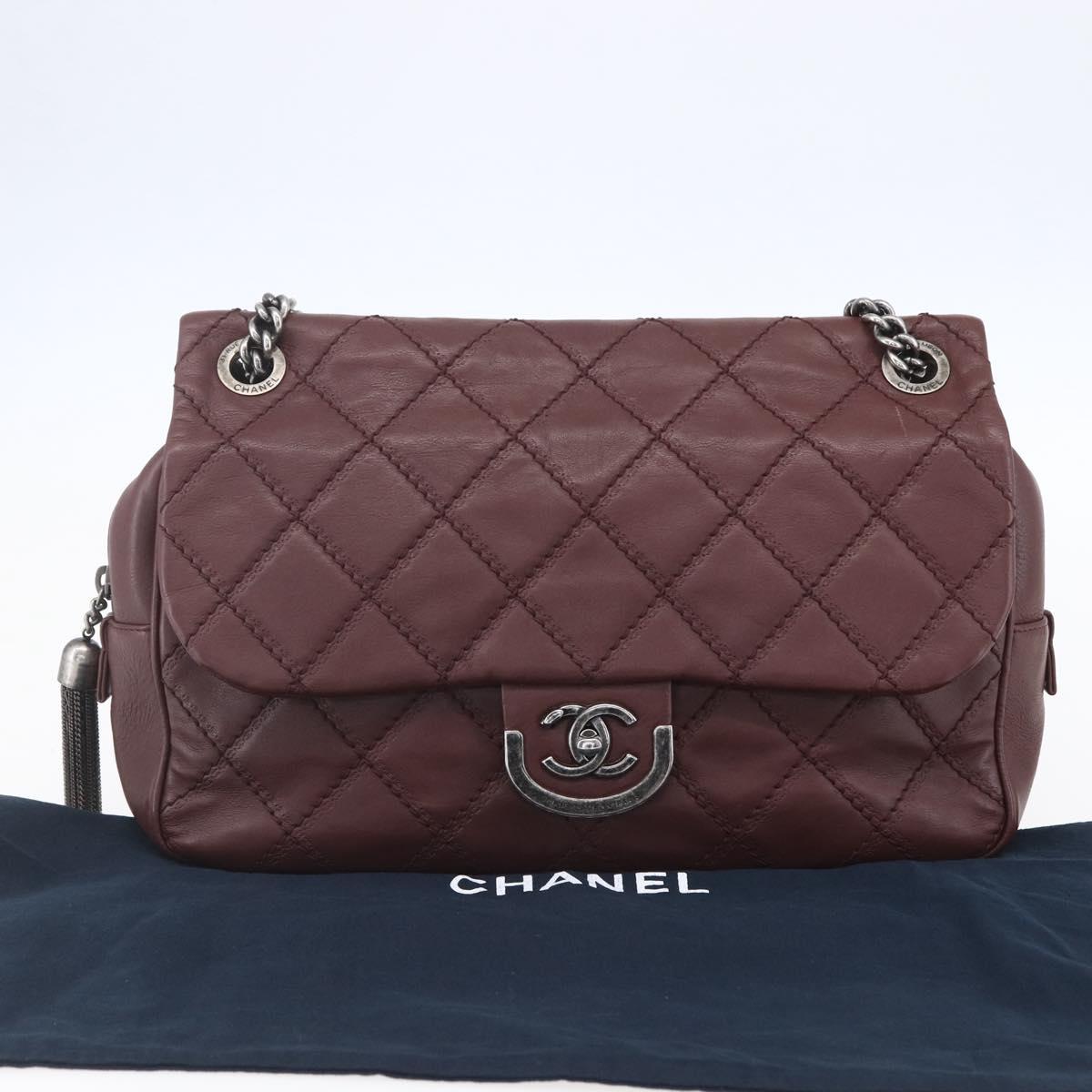 CHANEL Wild Stitch Chain Shoulder Bag Calf Skin Brown CC Auth 154049SAM