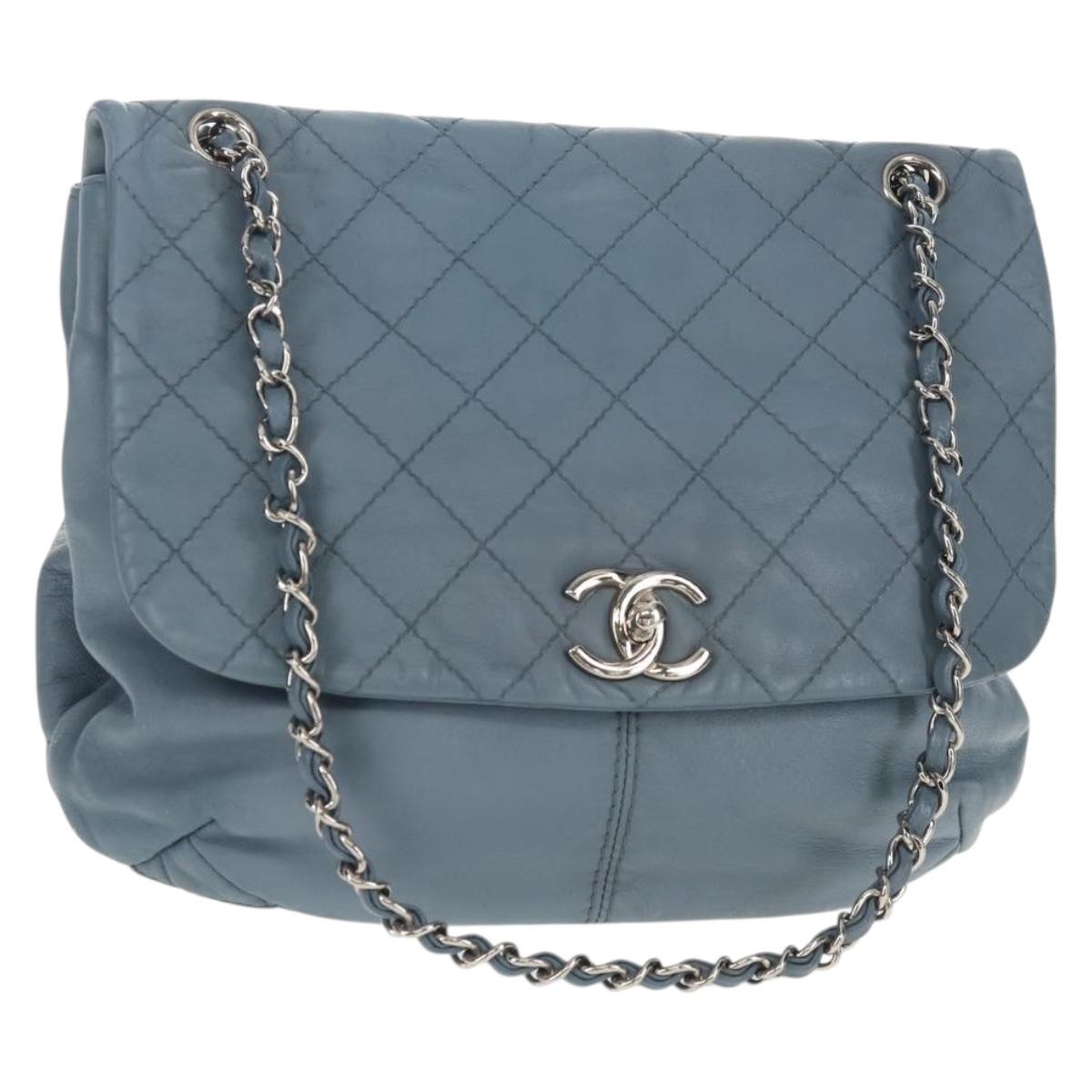 CHANEL Matelasse Chain Shoulder Bag Lamb Skin Light Blue Silver CC Auth 154050V