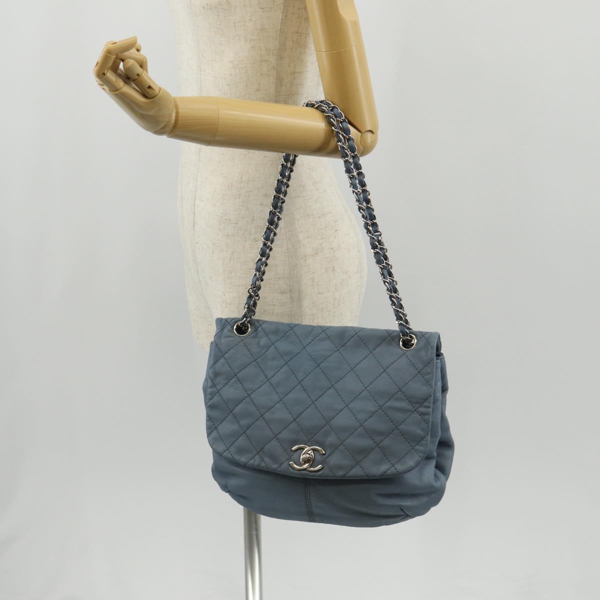 CHANEL Matelasse Chain Shoulder Bag Lamb Skin Light Blue Silver CC Auth 154050V