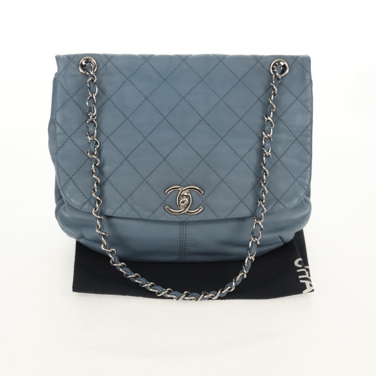 CHANEL Matelasse Chain Shoulder Bag Lamb Skin Light Blue Silver CC Auth 154050V