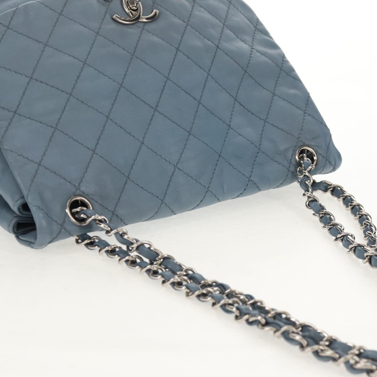 CHANEL Matelasse Chain Shoulder Bag Lamb Skin Light Blue Silver CC Auth 154050V