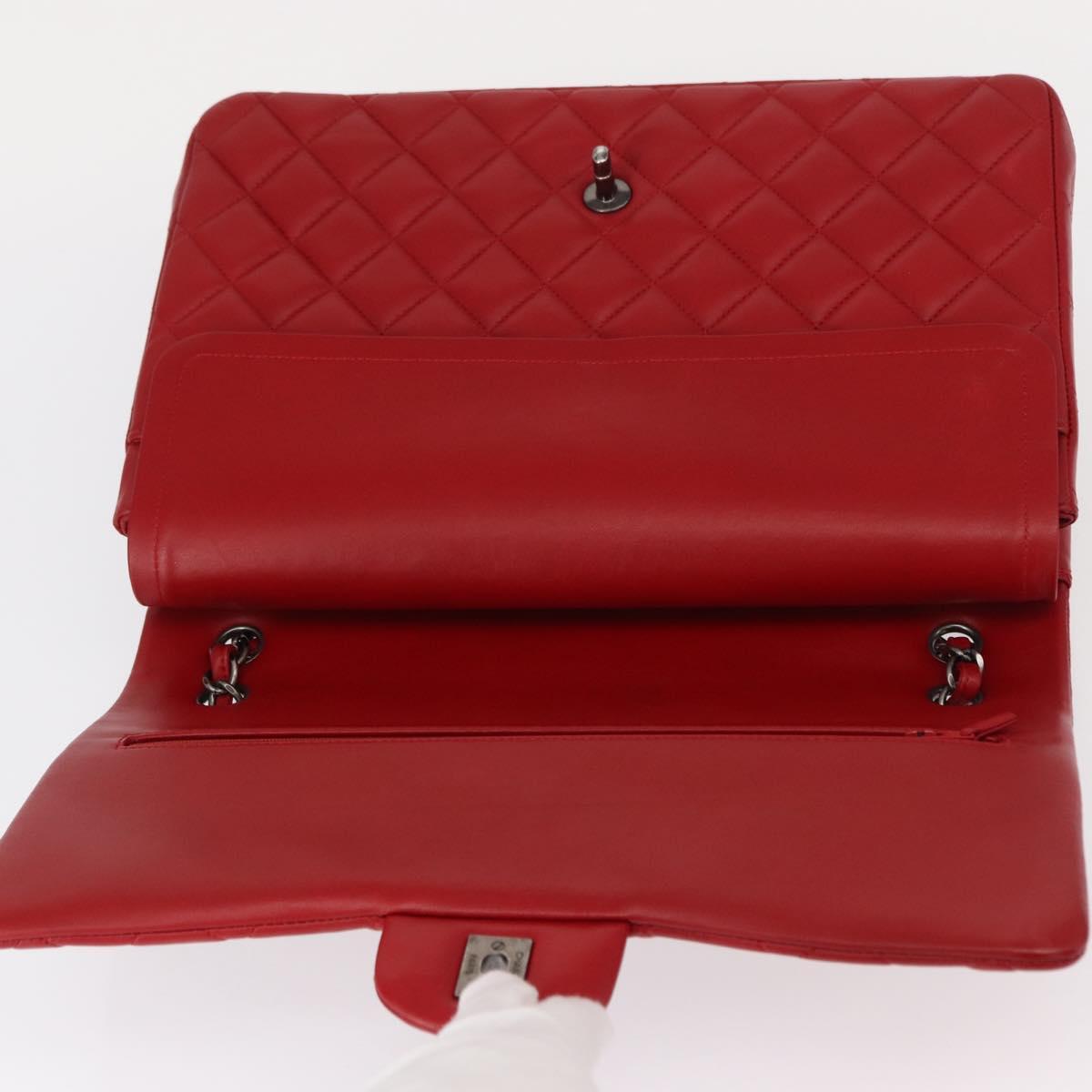 CHANEL Matelasse 34 Double Flap Chain Bag Lamb Skin Red CC Auth 154053SM