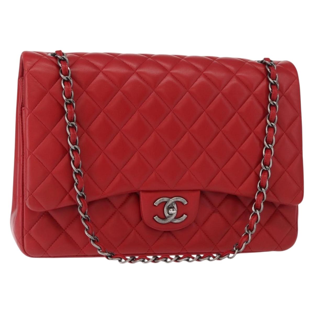 CHANEL Matelasse 34 Double Flap Chain Bag Lamb Skin Red CC Auth 154053SM