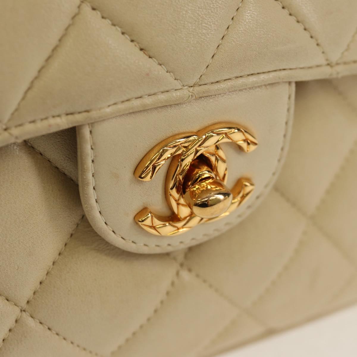 CHANEL Matelasse Chain Shoulder Bag Lamb Skin Ivory Gold CC Auth 154054V