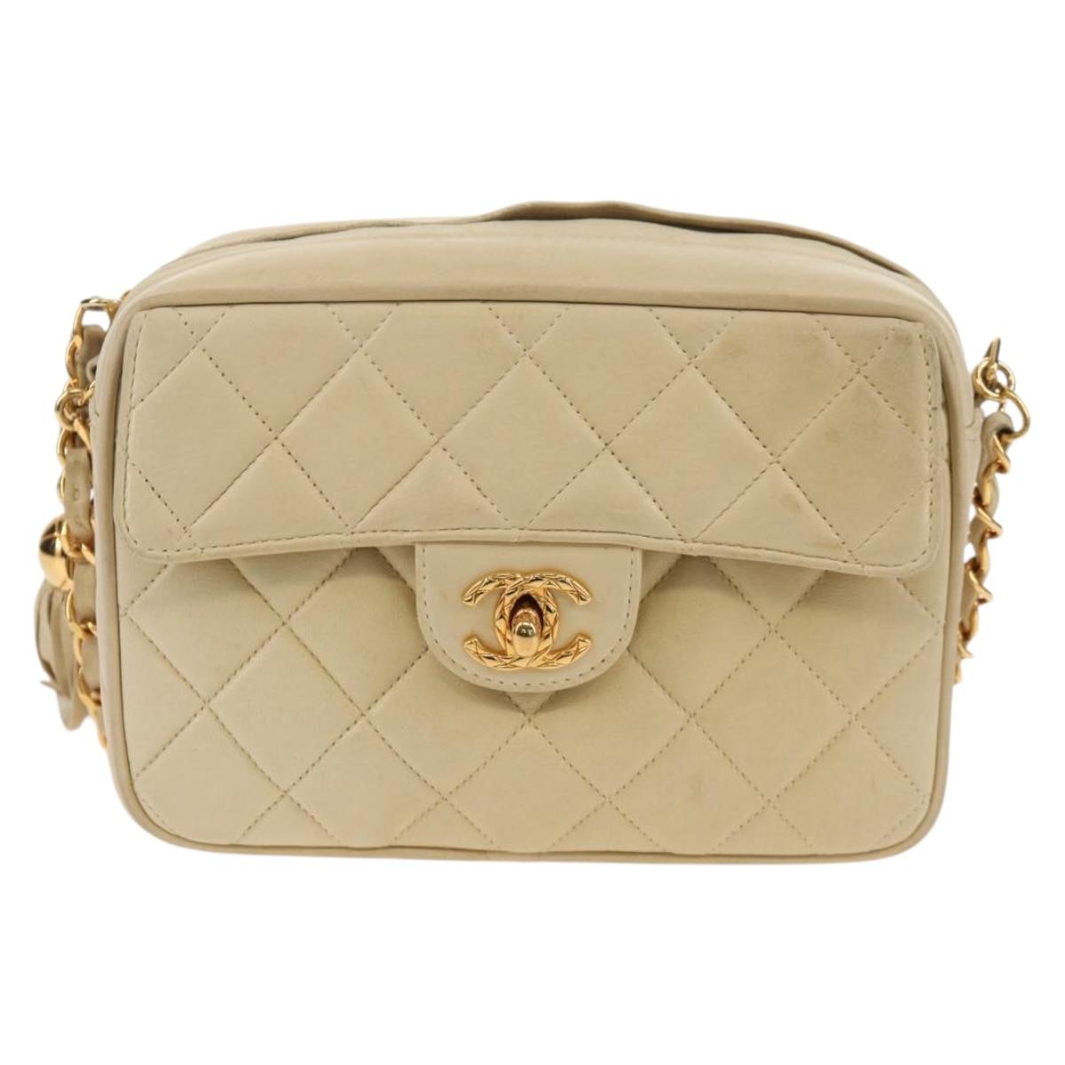 CHANEL Matelasse Chain Shoulder Bag Lamb Skin Ivory Gold CC Auth 154054V