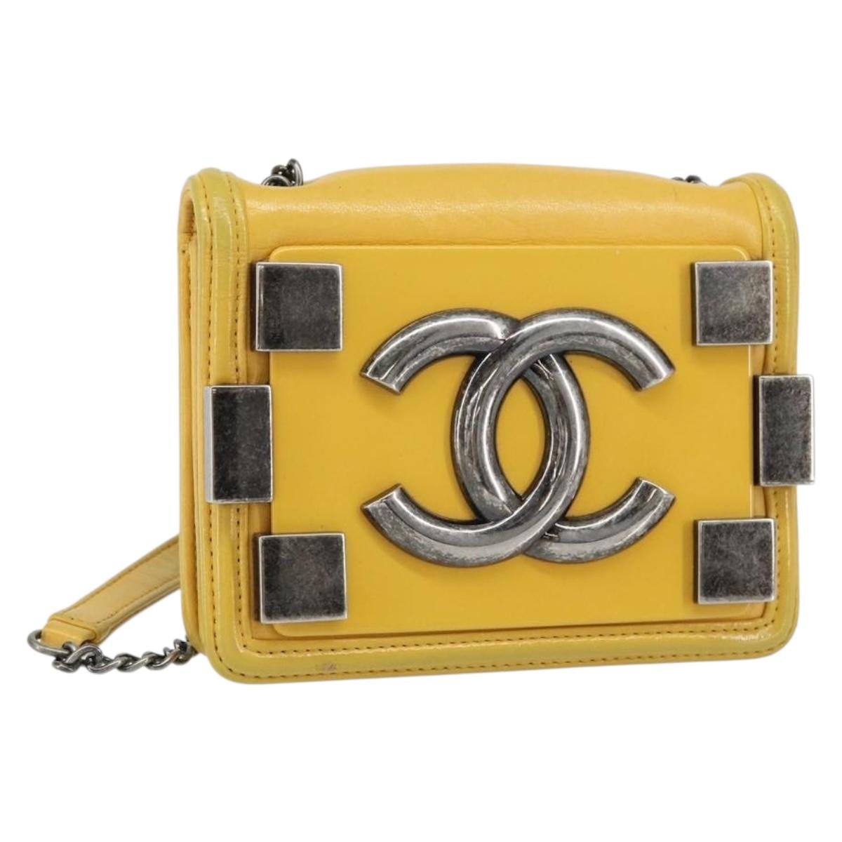 CHANEL Lego Boy Chain Shoulder Bag Lamb Skin Yellow CC Auth 154055