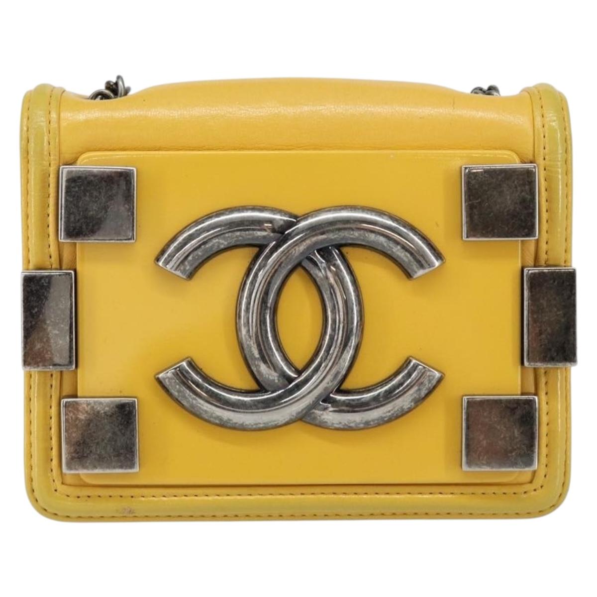 CHANEL Lego Boy Chain Shoulder Bag Lamb Skin Yellow CC Auth 154055