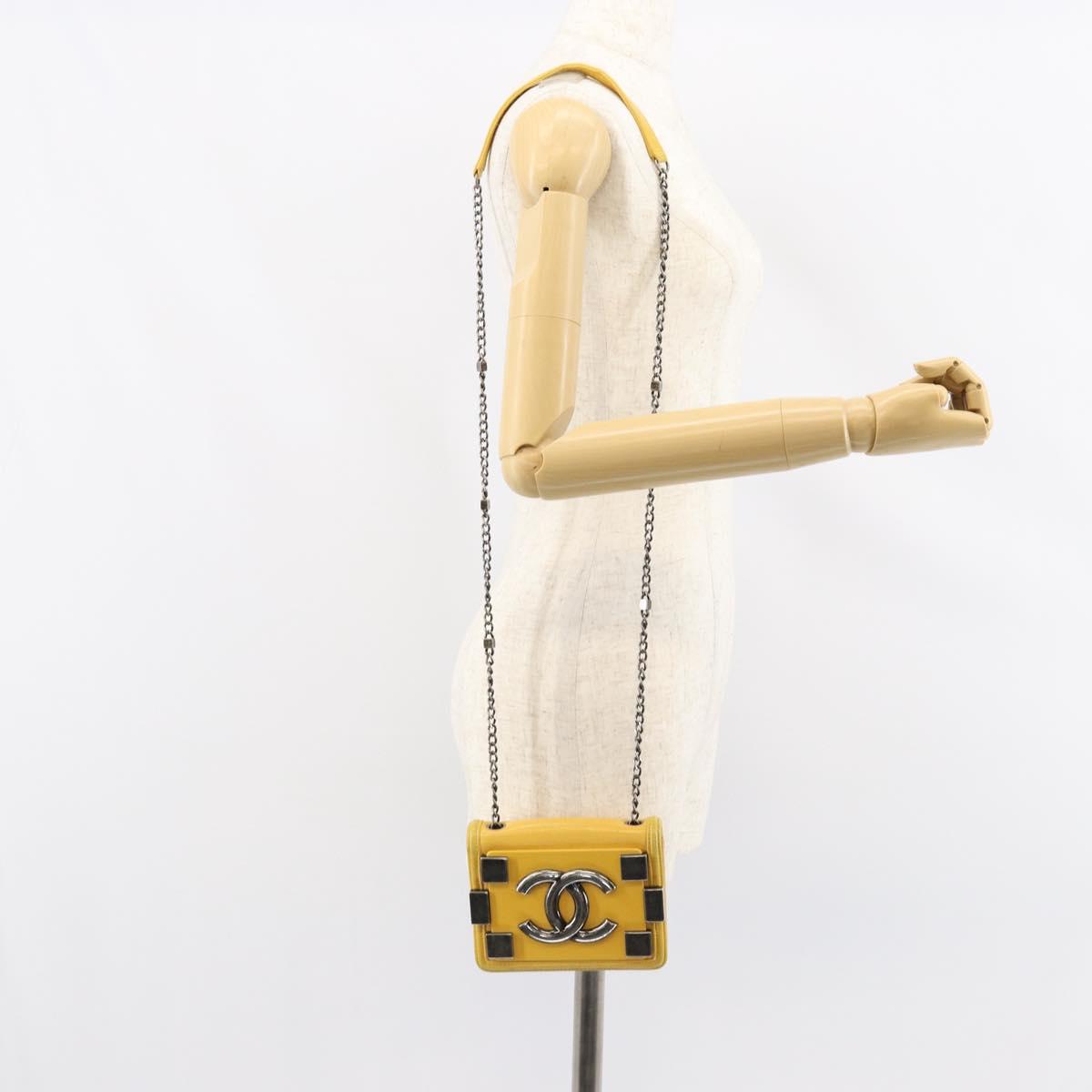 CHANEL Lego Boy Chain Shoulder Bag Lamb Skin Yellow CC Auth 154055