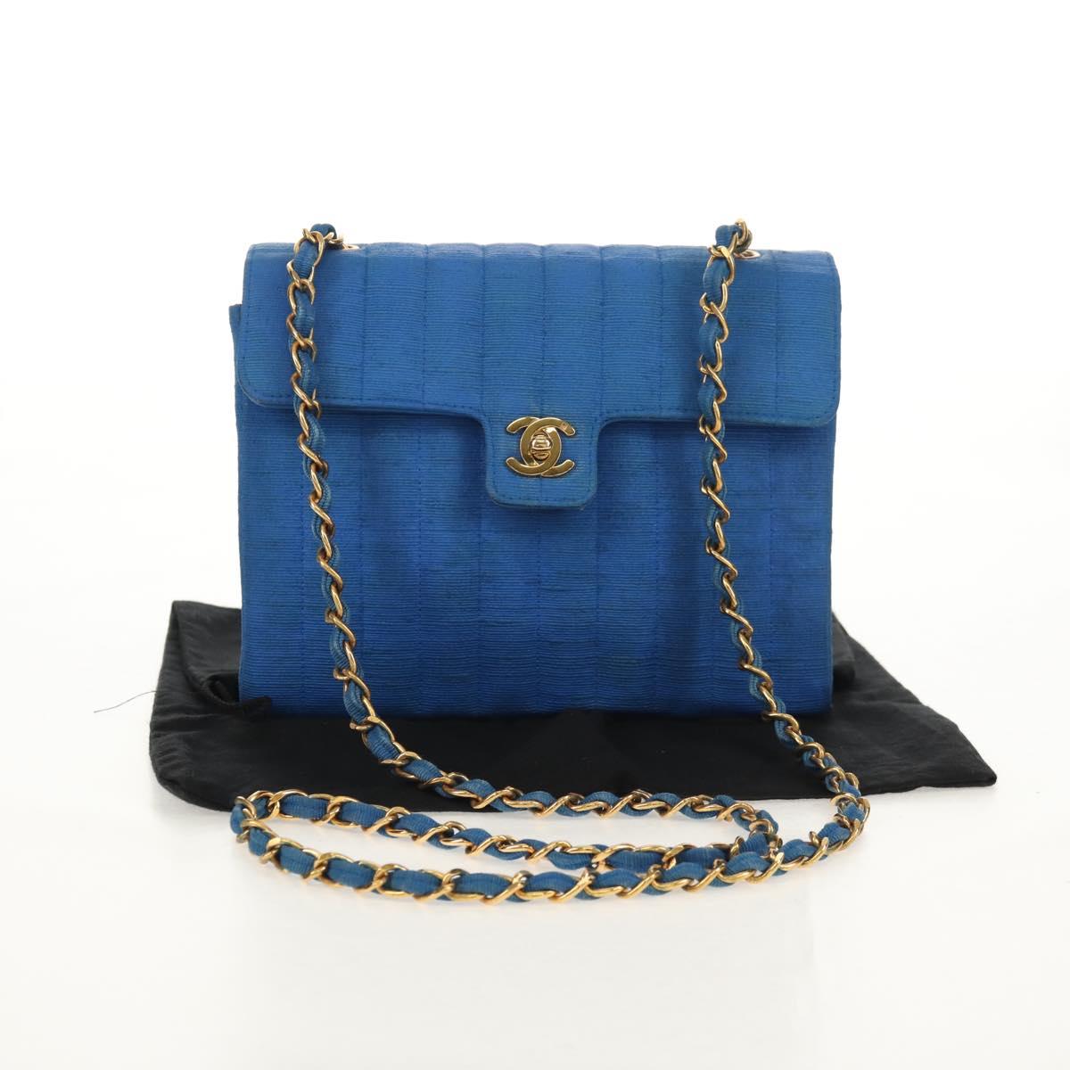 CHANEL Mademoiselle Chain Shoulder Bag Canvas Blue Gold CC Auth 154058SAV