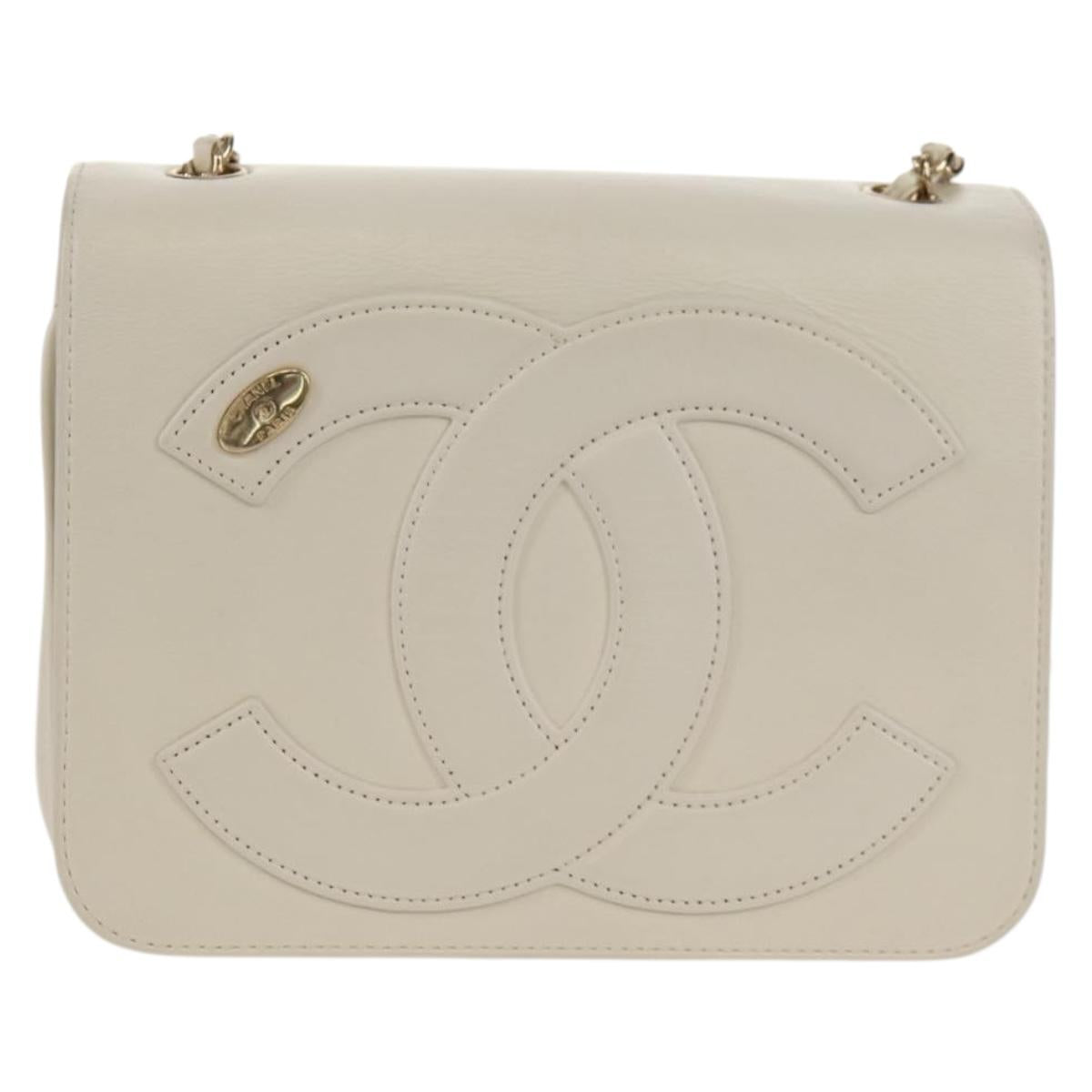 CHANEL COCO Mark Chain Shoulder Bag Lamb Skin White Gold CC Auth 154059V