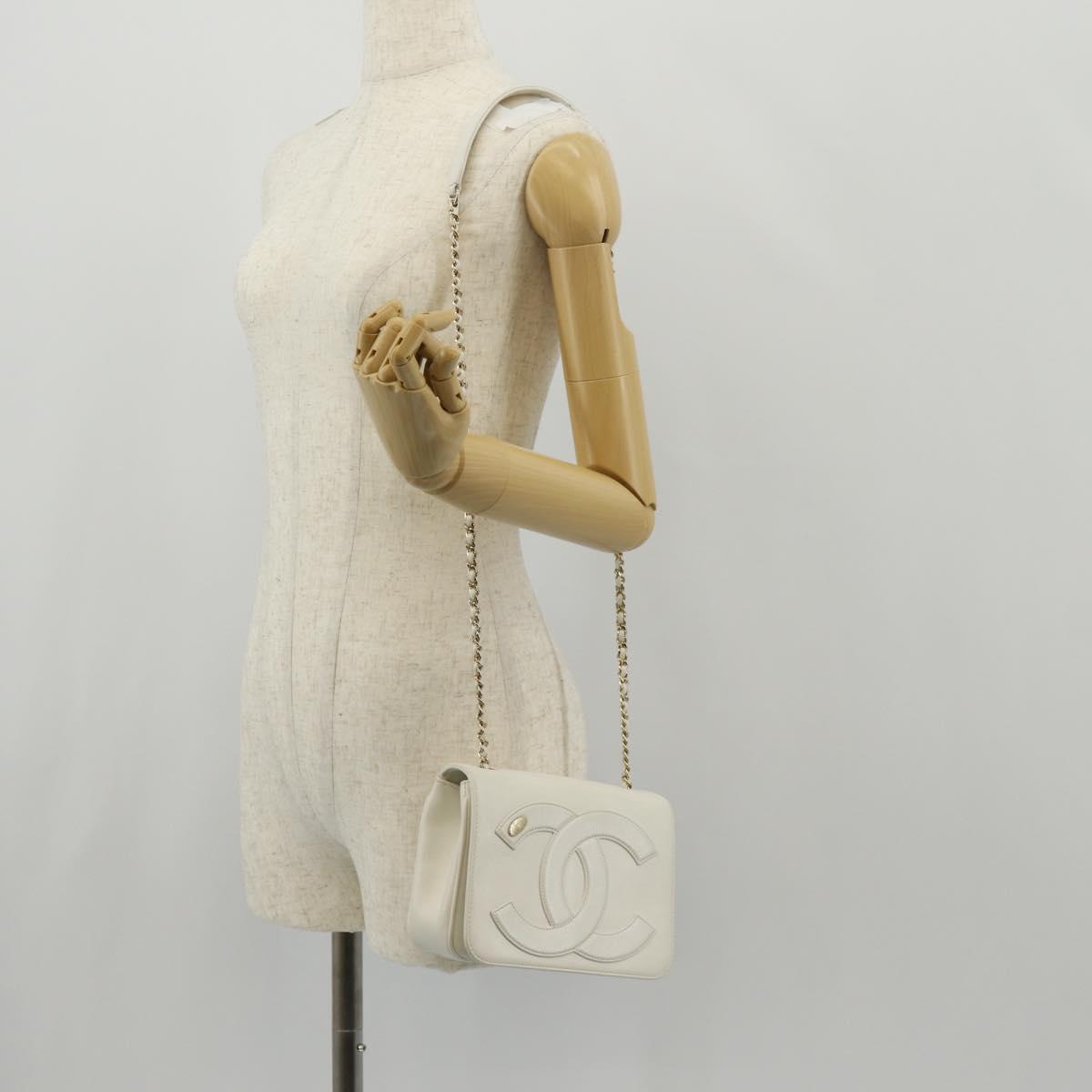 CHANEL COCO Mark Chain Shoulder Bag Lamb Skin White Gold CC Auth 154059V