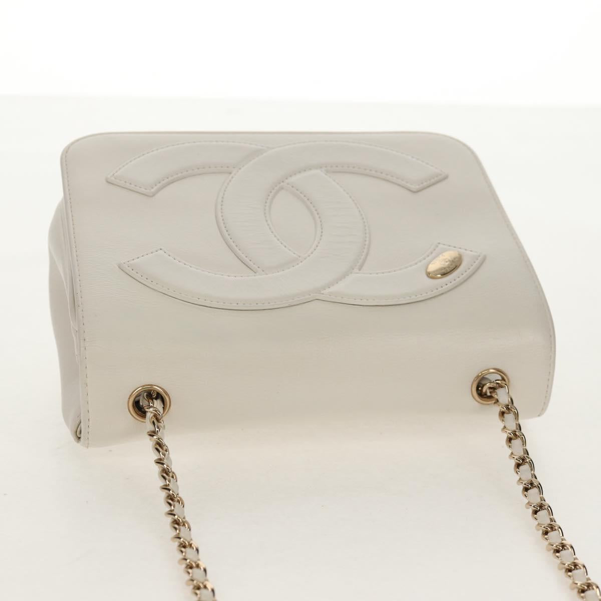 CHANEL COCO Mark Chain Shoulder Bag Lamb Skin White Gold CC Auth 154059V