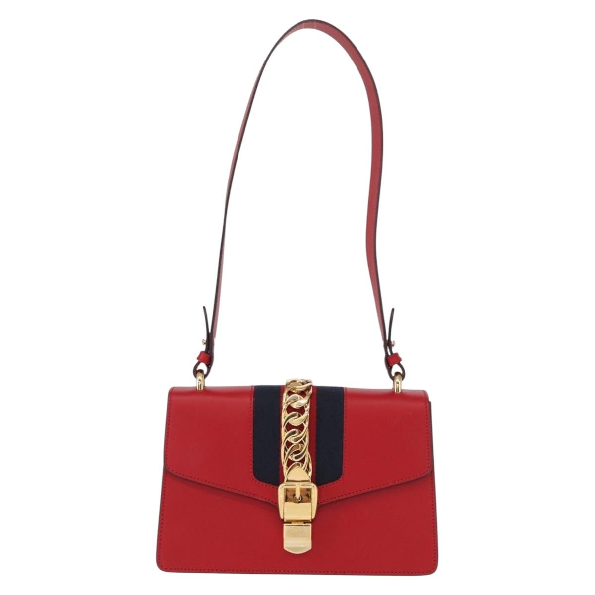 GUCCI Sylvie Sherry Line Shoulder Bag Leather Red Gold Navy 421882 Auth 154071M