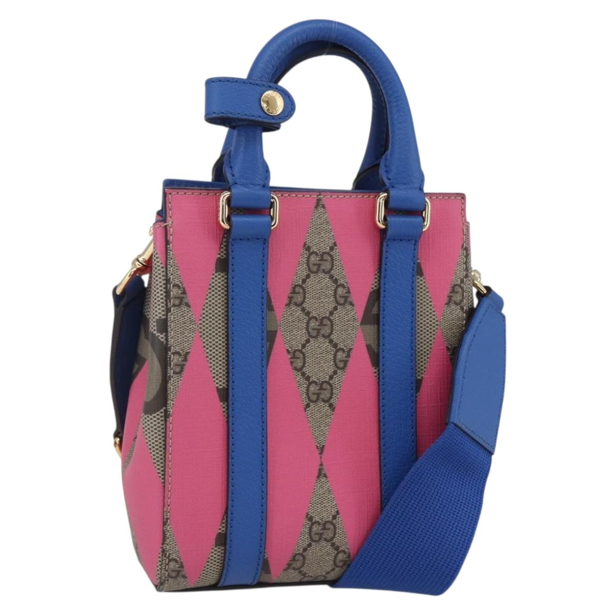 GUCCI GG Supreme Hand Bag PVC 2way Beige Blue Auth 154072SAM