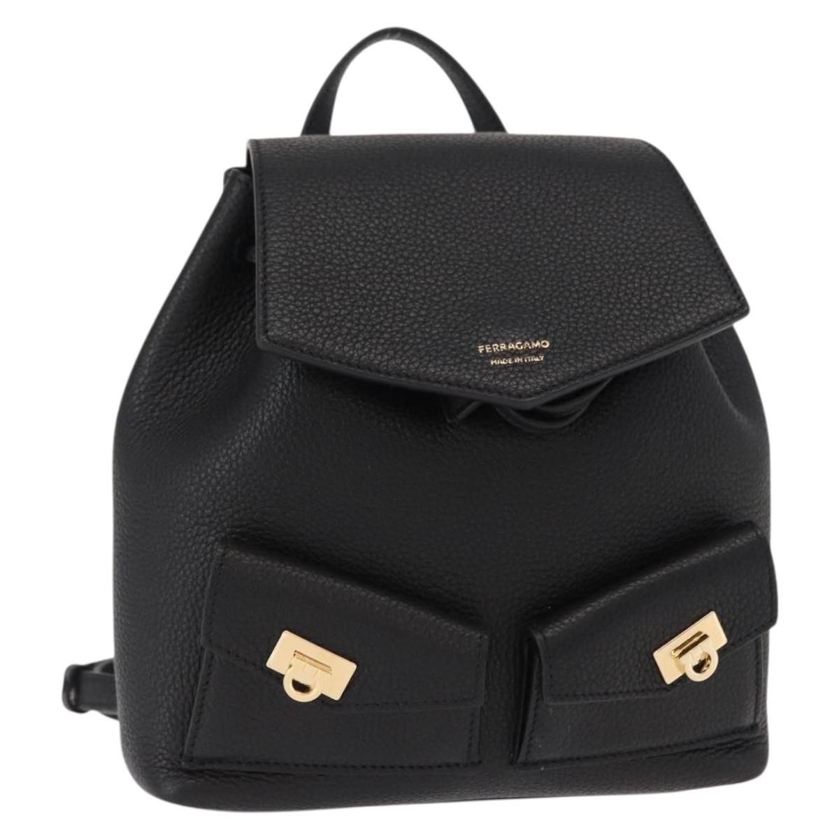 Salvatore Ferragamo Gancini Backpack Leather Black Gold Auth 154075SM