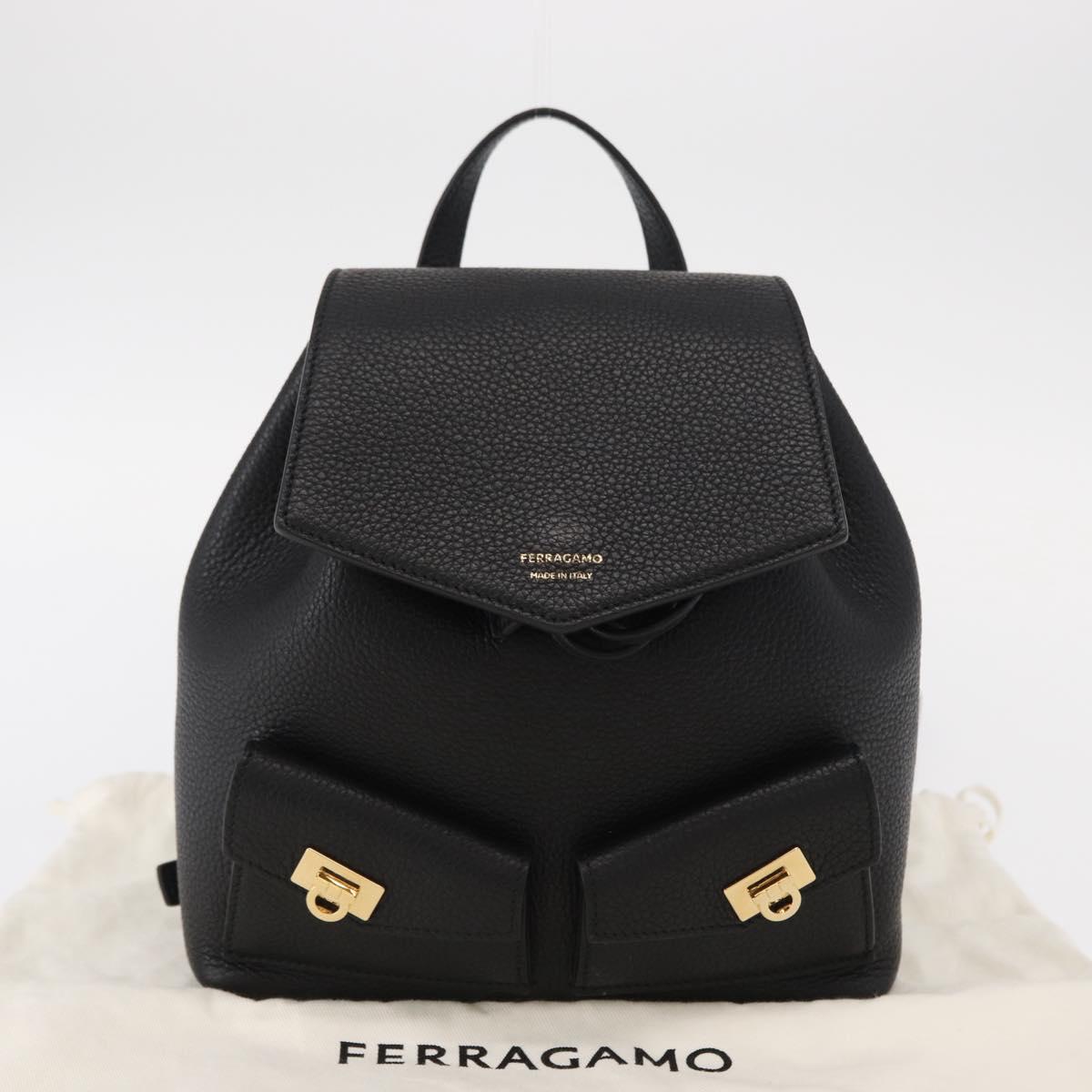 Salvatore Ferragamo Gancini Backpack Leather Black Gold Auth 154075SM