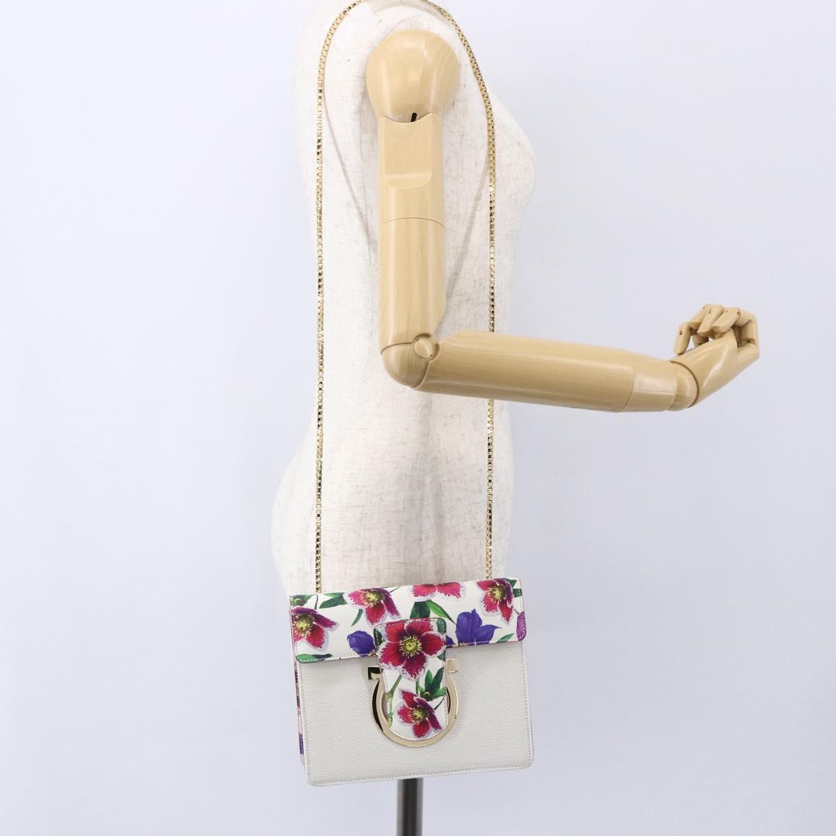 Salvatore Ferragamo Chain Gancini Bag Canvas Multicolor Gold Auth 154076SAM