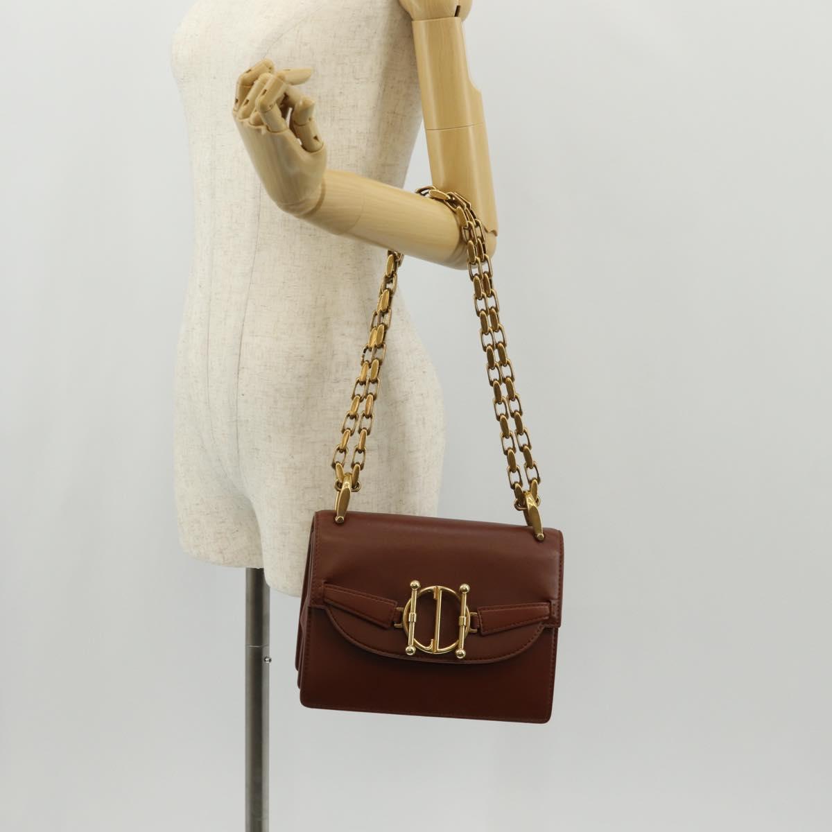 Christian Dior Chain Shoulder Bag Leather Brown Gold Auth 154079V