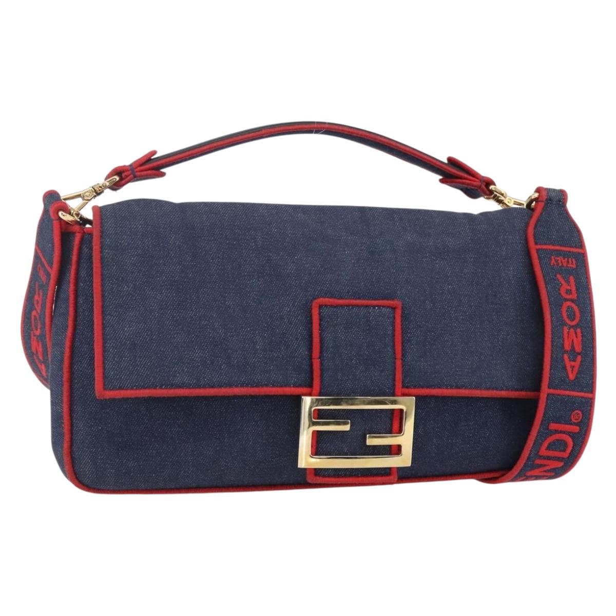 FENDI Mamma Baguette Shoulder Bag Denim 2way Navy Gold Auth 154083M