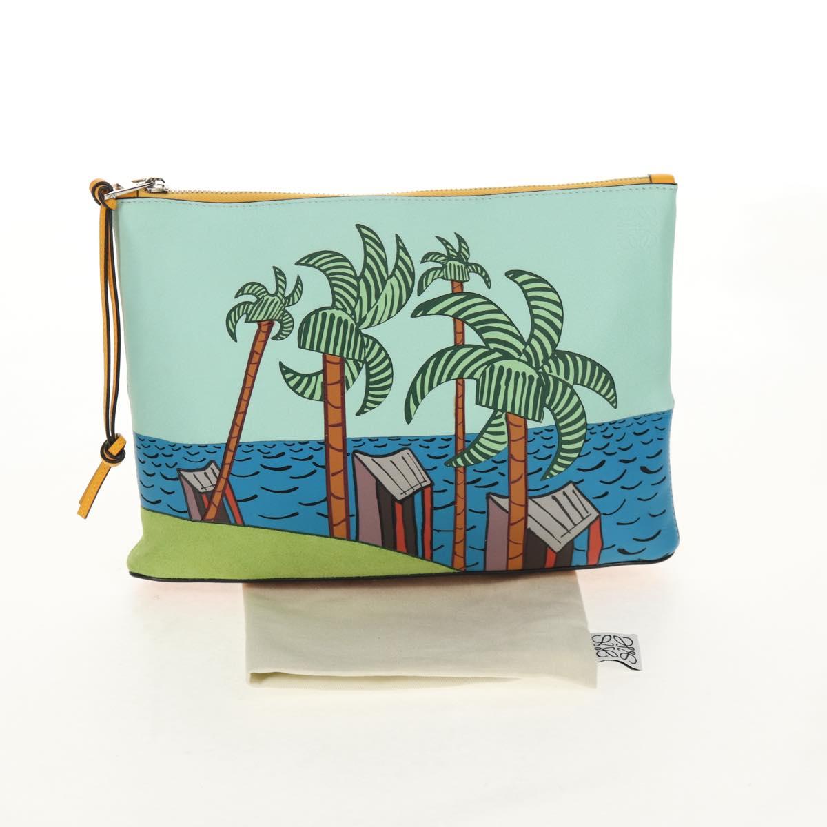 LOEWE Anagram Clutch Bag Leather Light Blue Silver Auth 154086M