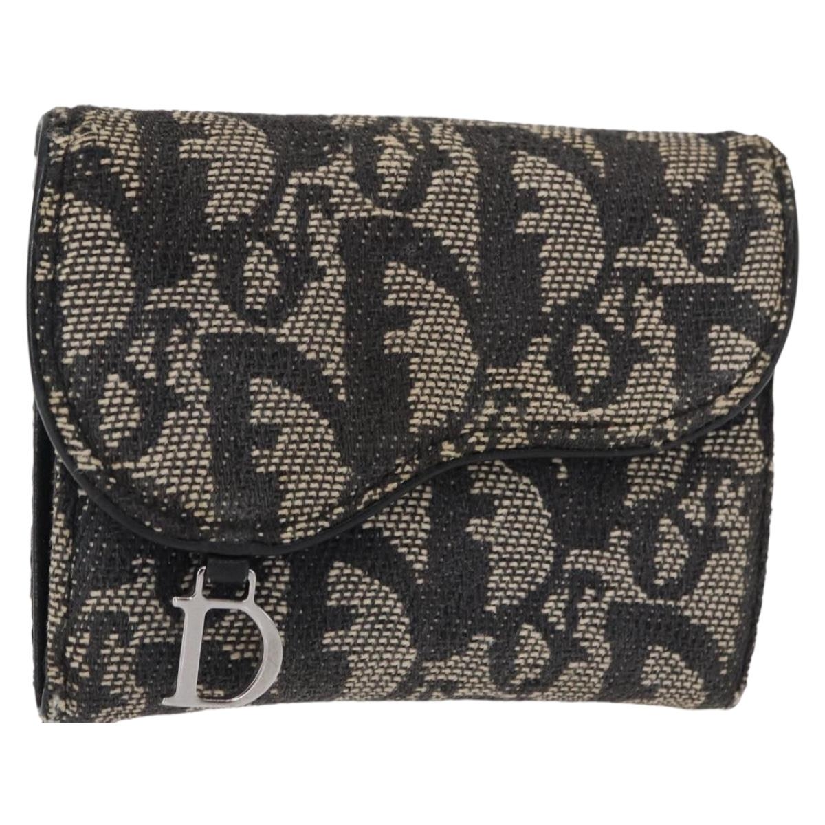 Christian Dior Trotter Canvas Saddle Wallet Navy Silver Auth 154095