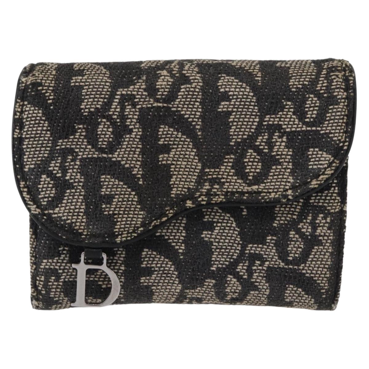 Christian Dior Trotter Canvas Saddle Wallet Navy Silver Auth 154095