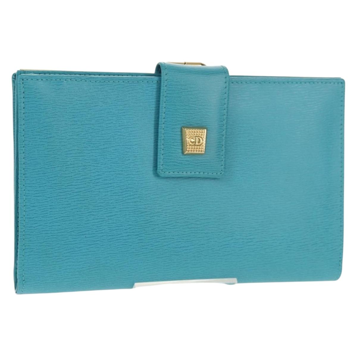 Christian Dior Long Wallet Leather Light Blue Gold Auth 154096V