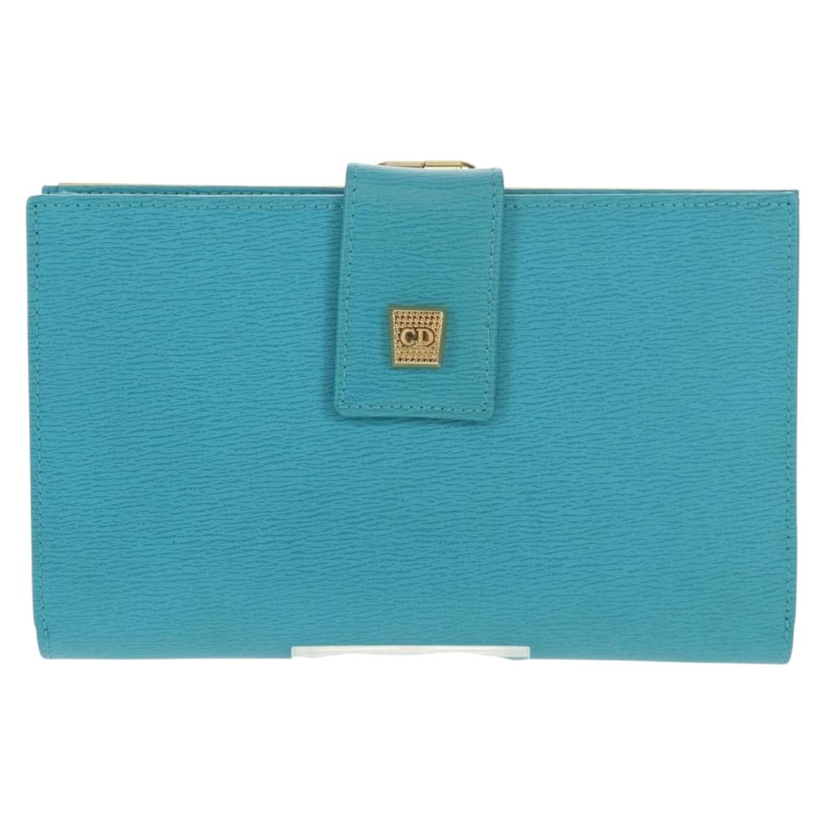 Christian Dior Long Wallet Leather Light Blue Gold Auth 154096V