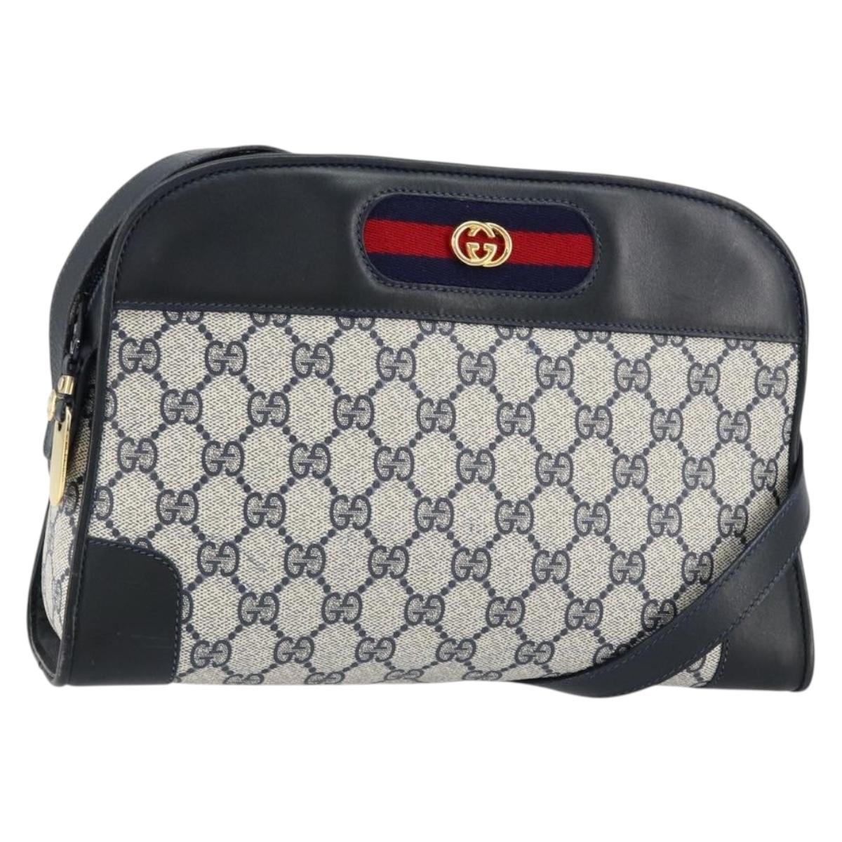 GUCCI GG Supreme Sherry Line Shoulder Bag PVC Navy Gold Auth 154161