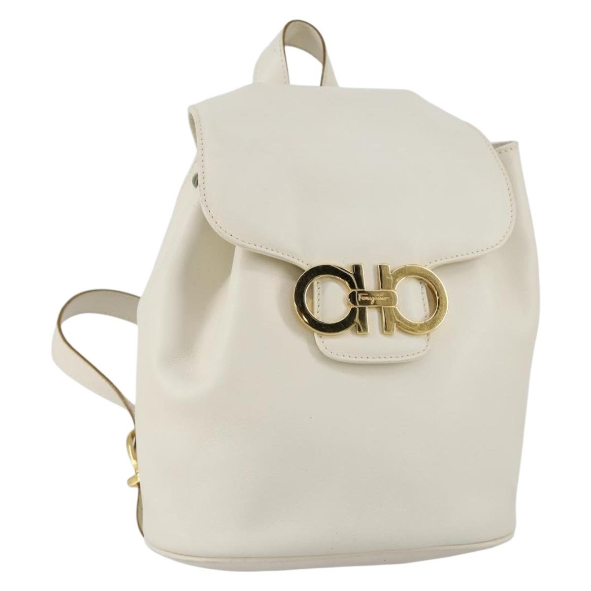 Salvatore Ferragamo Backpack Leather White Gold Auth 154163