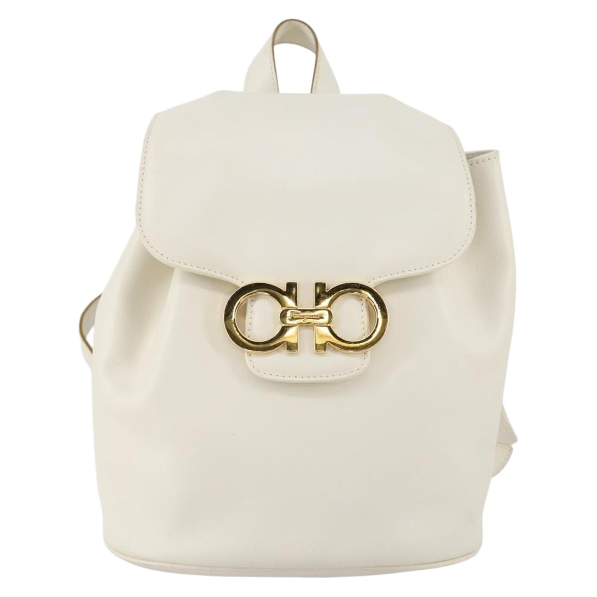 Salvatore Ferragamo Backpack Leather White Gold Auth 154163