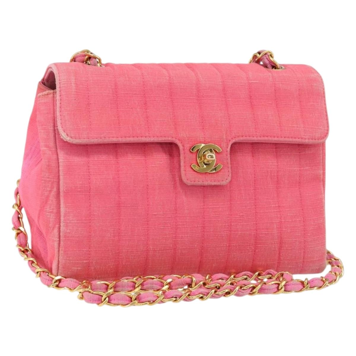 CHANEL Mademoiselle Chain Shoulder Bag Canvas Pink Gold CC Auth 154165