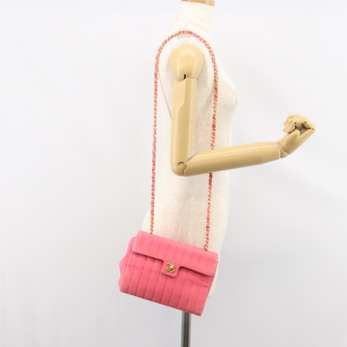 CHANEL Mademoiselle Chain Shoulder Bag Canvas Pink Gold CC Auth 154165