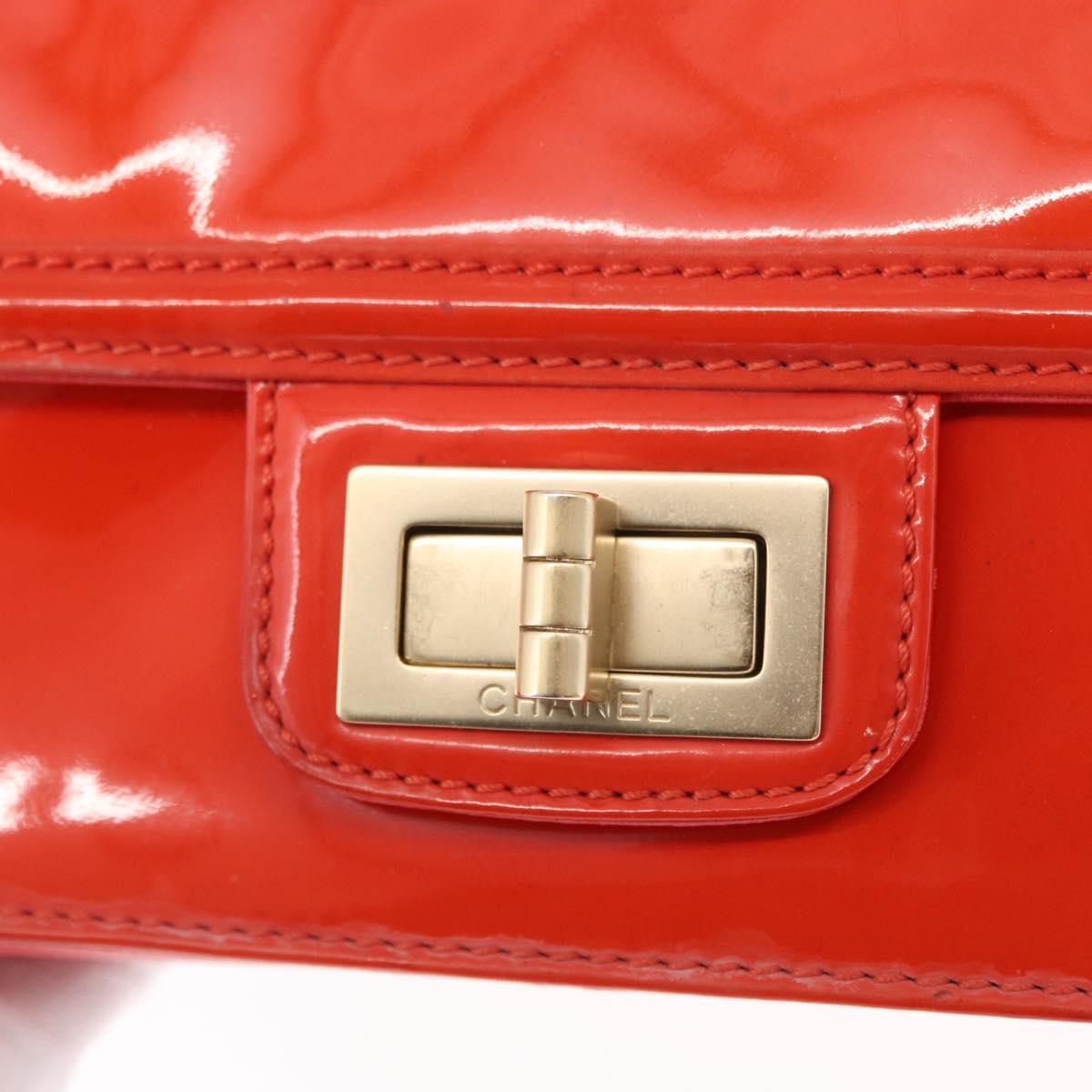 CHANEL Chain Shoulder Bag Patent leather Orange Silver CC Auth 154201