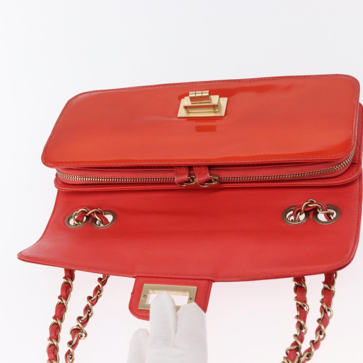 CHANEL Chain Shoulder Bag Patent leather Orange Silver CC Auth 154201