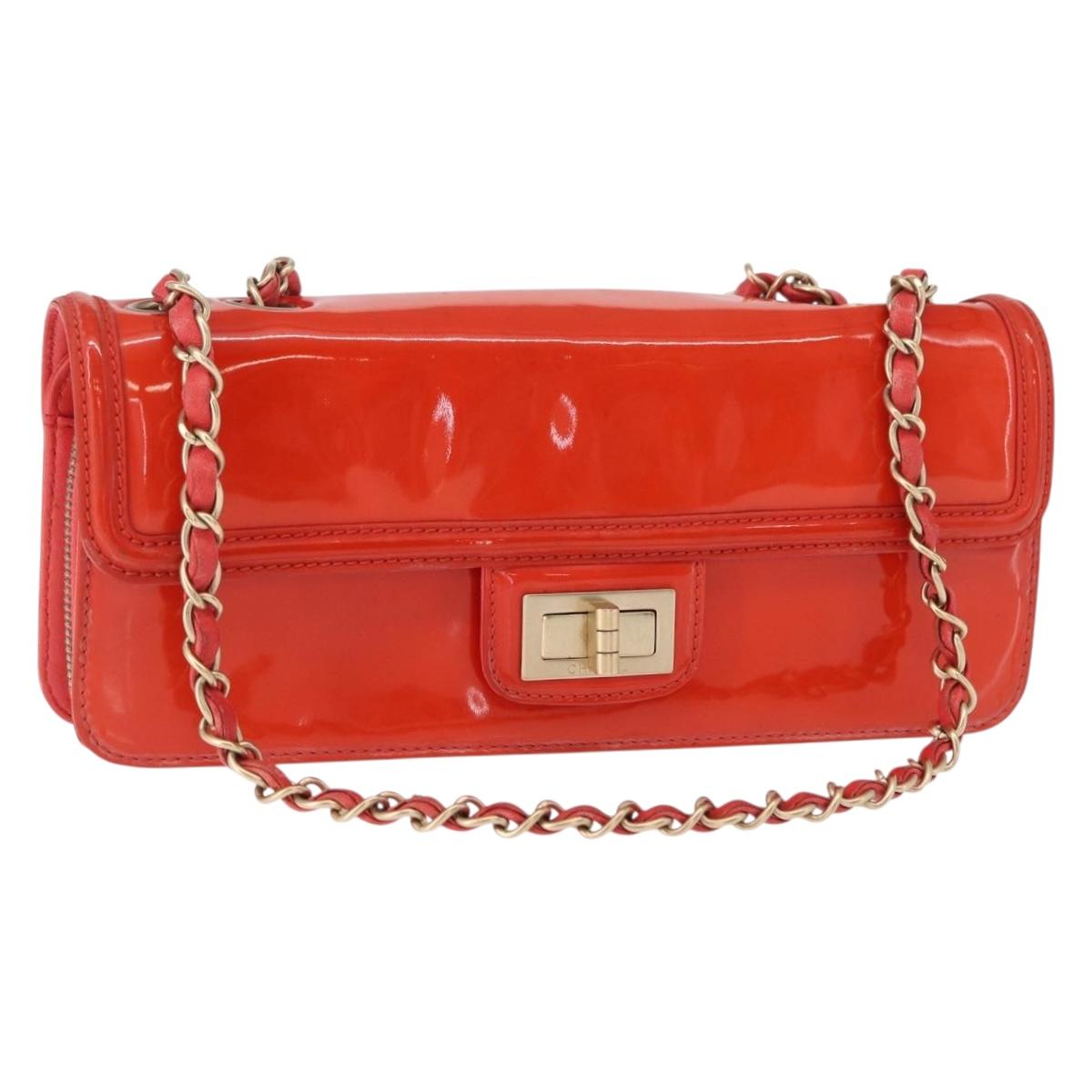 CHANEL Chain Shoulder Bag Patent leather Orange Silver CC Auth 154201
