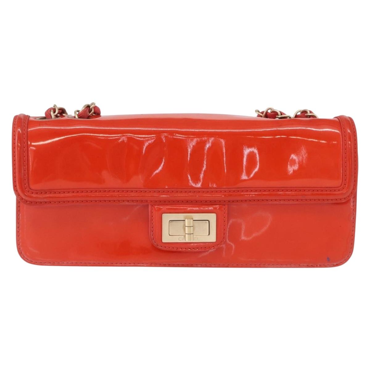 CHANEL Chain Shoulder Bag Patent leather Orange Silver CC Auth 154201