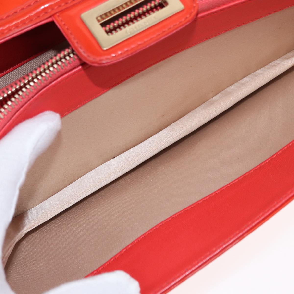 CHANEL Chain Shoulder Bag Patent leather Orange Silver CC Auth 154201