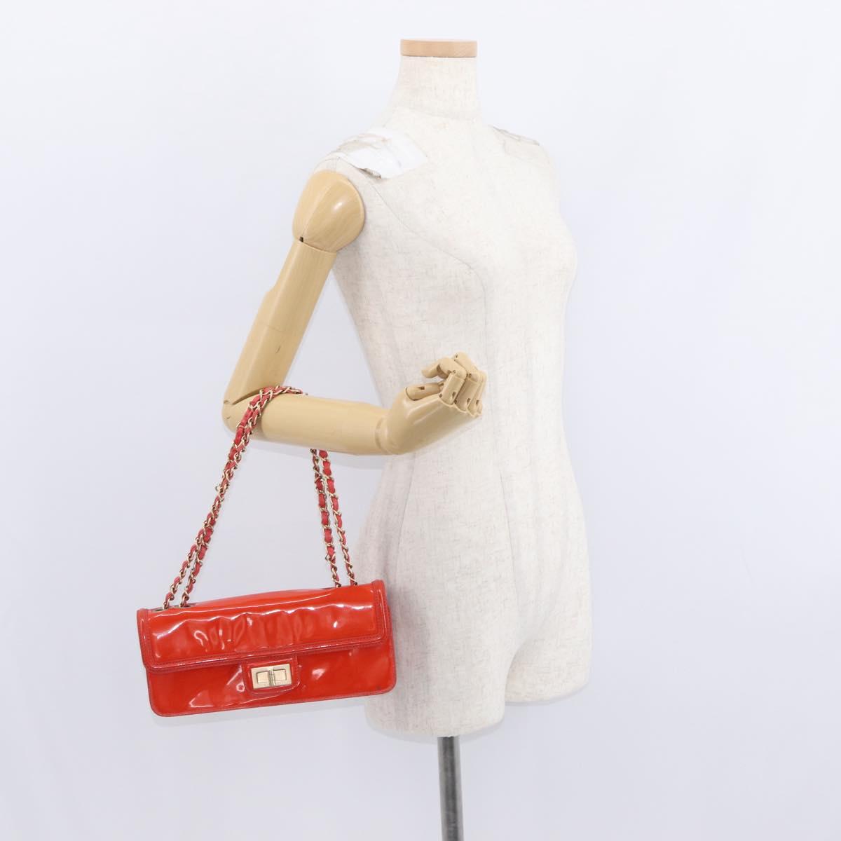 CHANEL Chain Shoulder Bag Patent leather Orange Silver CC Auth 154201
