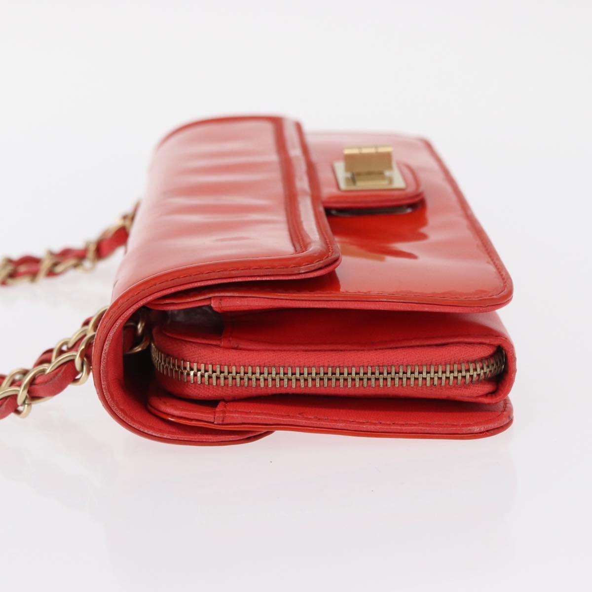 CHANEL Chain Shoulder Bag Patent leather Orange Silver CC Auth 154201