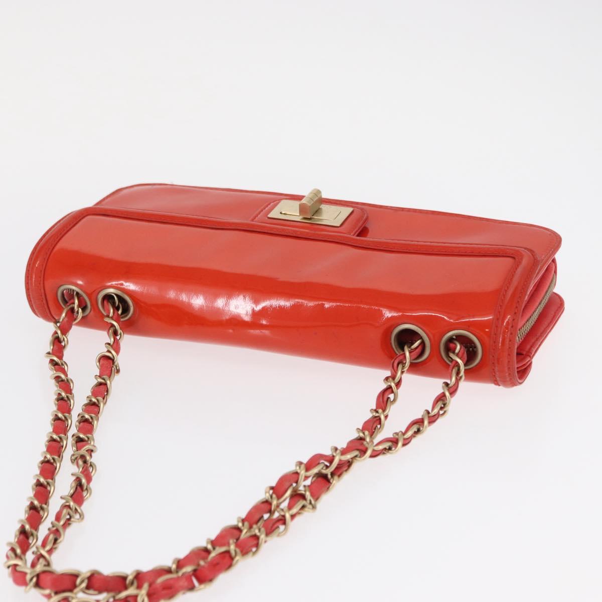 CHANEL Chain Shoulder Bag Patent leather Orange Silver CC Auth 154201