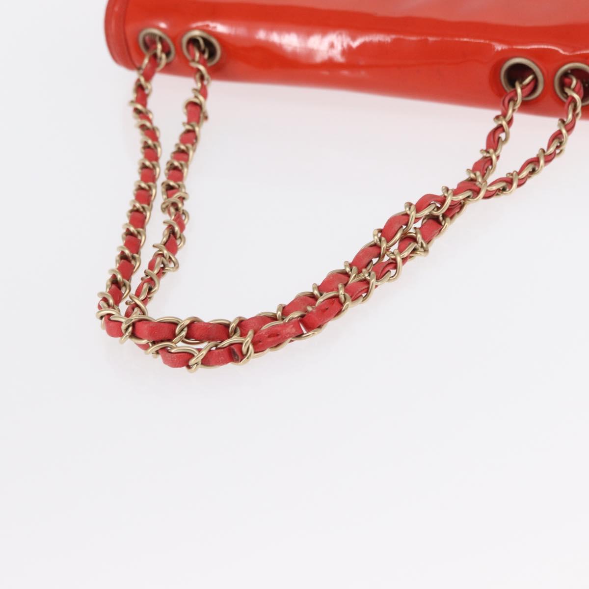 CHANEL Chain Shoulder Bag Patent leather Orange Silver CC Auth 154201