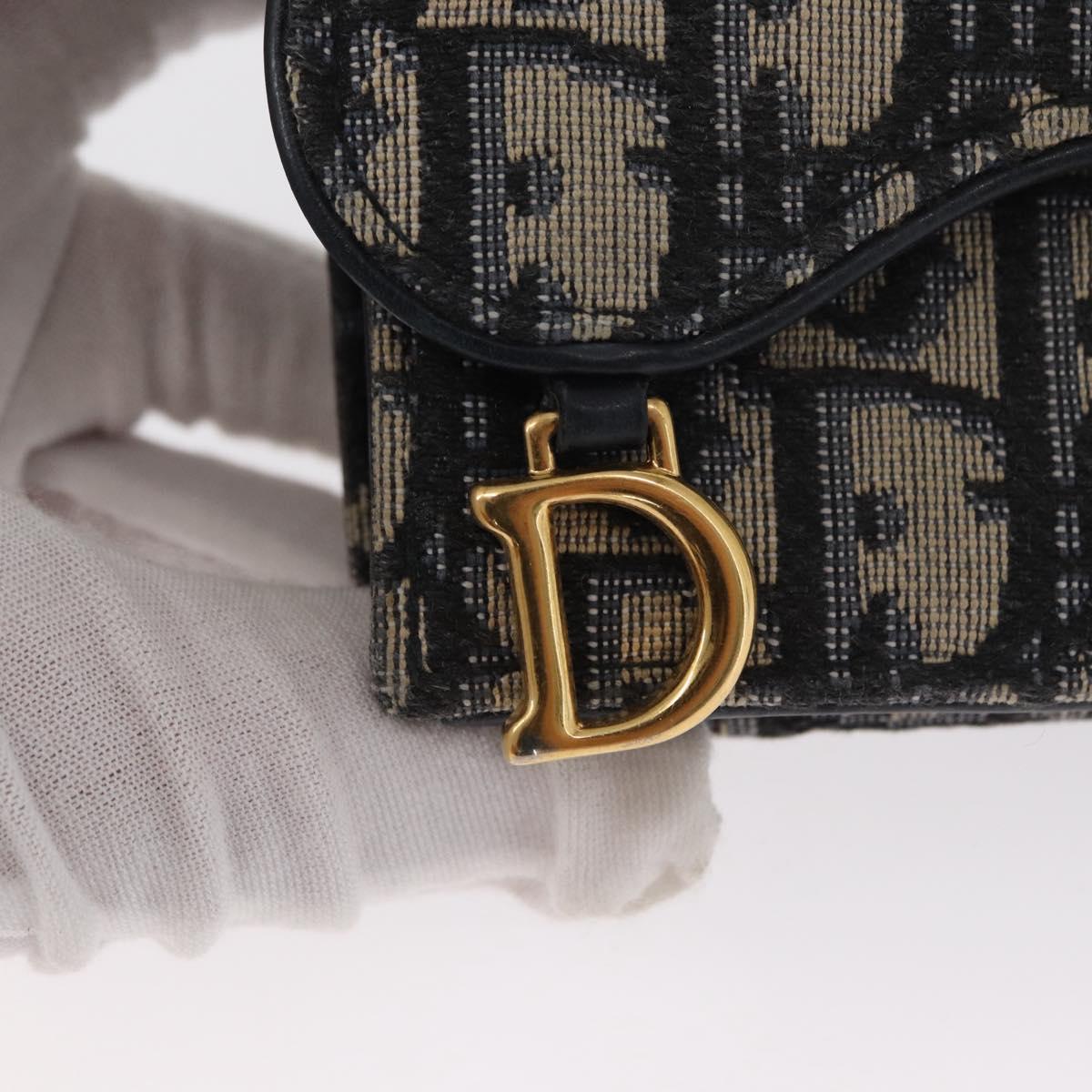 Christian Dior Trotter Canvas Trifold Wallet Navy Gold Auth 154218