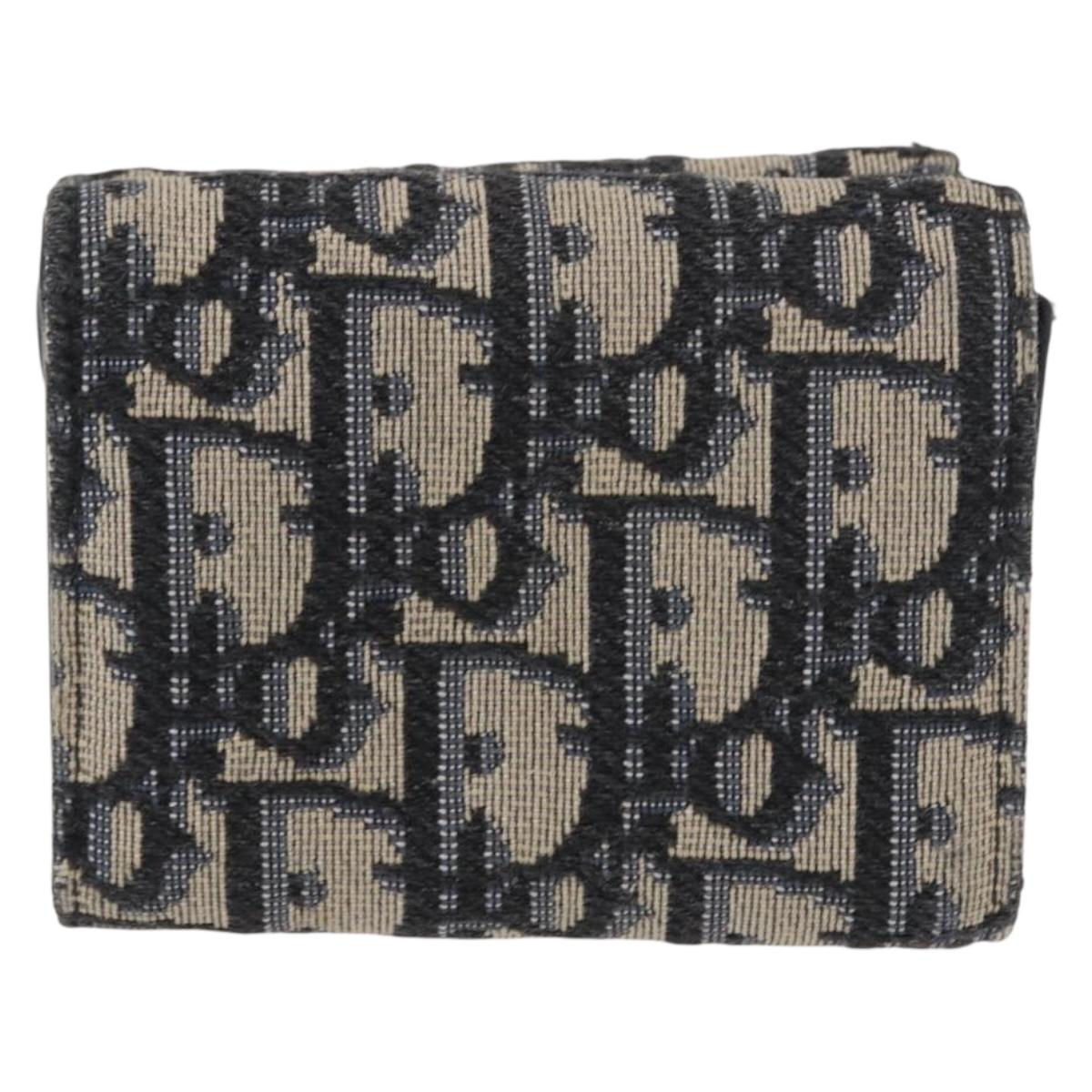 Christian Dior Trotter Canvas Trifold Wallet Navy Gold Auth 154218