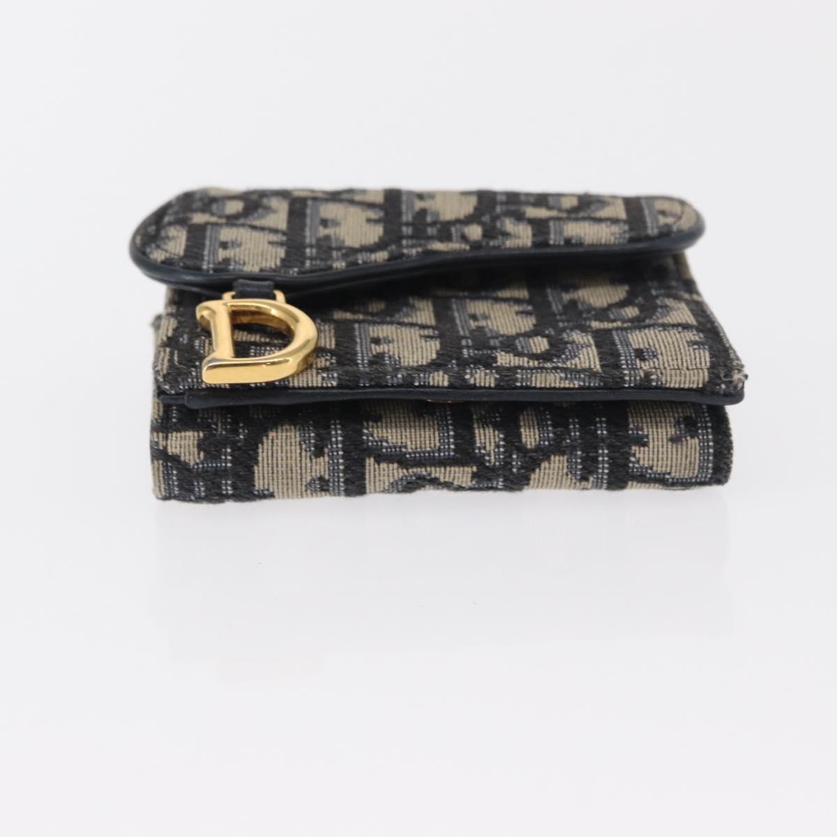 Christian Dior Trotter Canvas Trifold Wallet Navy Gold Auth 154218