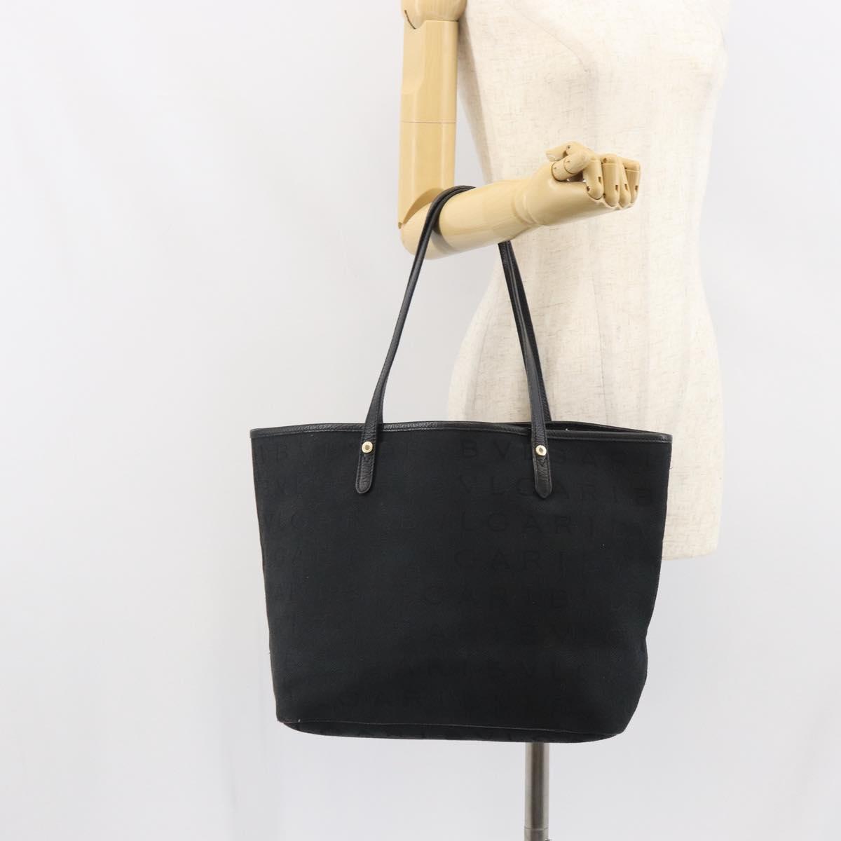 BVLGARI Logo Mania Tote Bag Canvas Black Gold Auth 154287