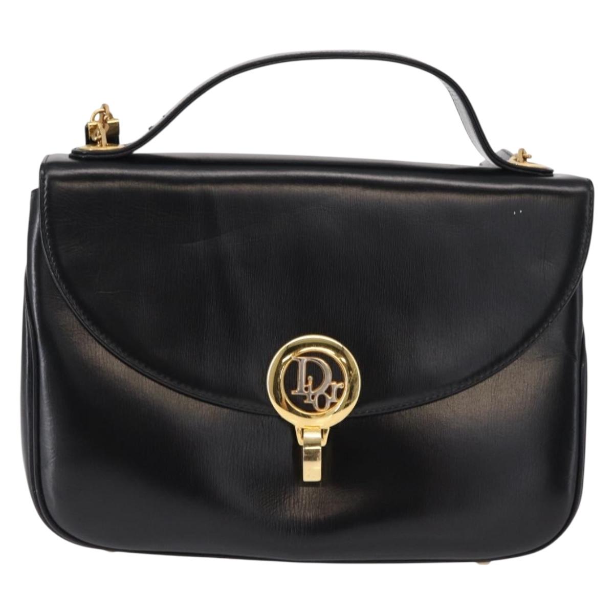 Christian Dior Hand Bag Leather 2way Black Gold Auth 154326V